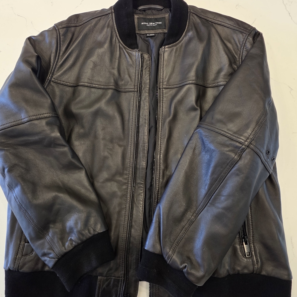 Marc New York Men's Black Leather Bomber with Ribbed Trim